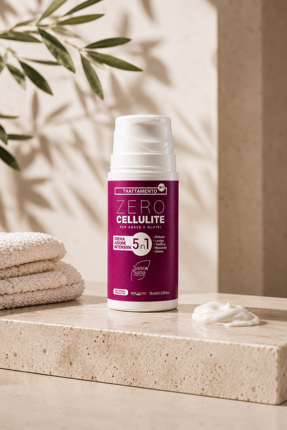 Flacone airless di ZERO CELLULITE Sano&Sana, crema anticellulite 5 in 1 da 75 ml, su mensola in travertino