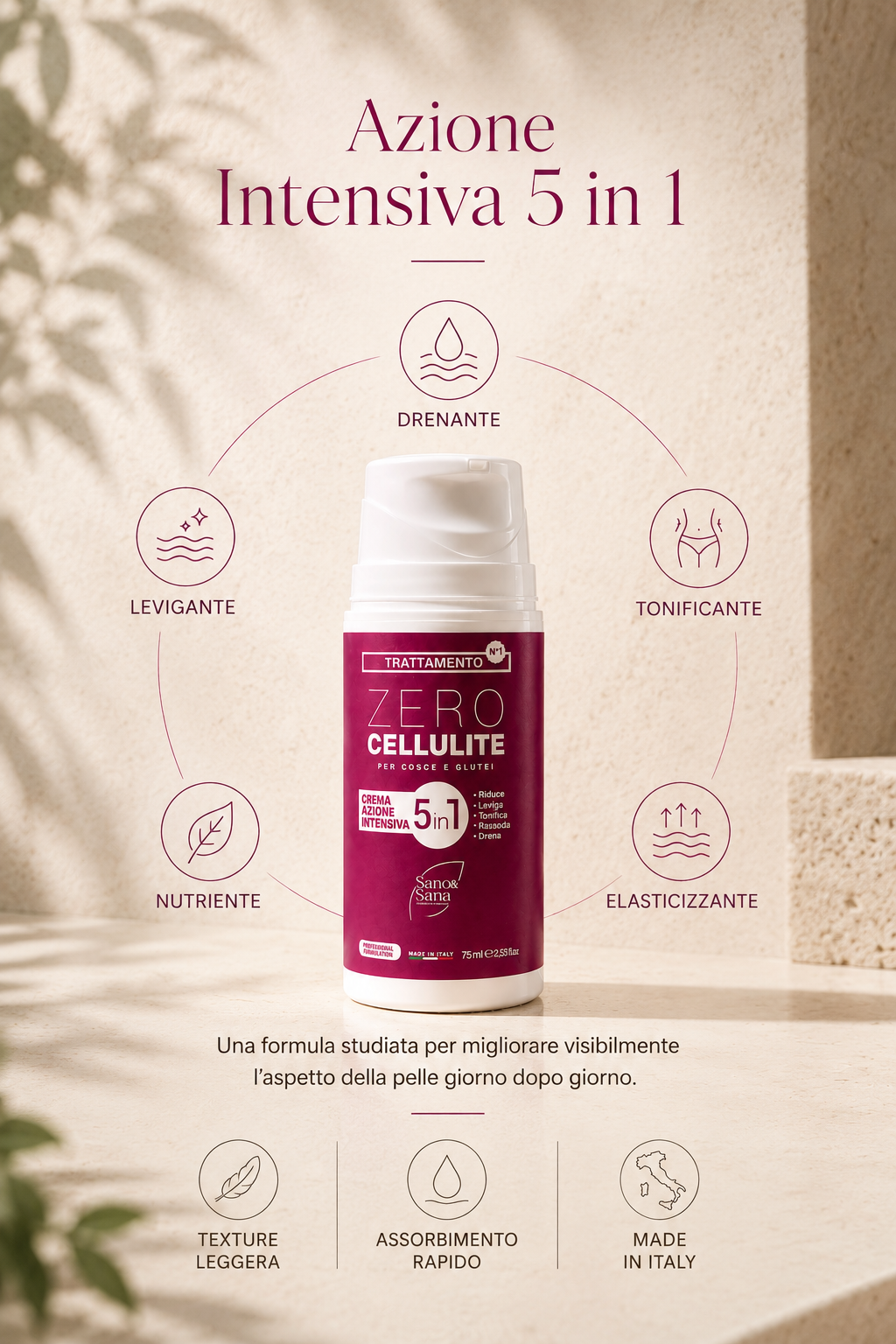 Azione intensiva 5 in 1 di ZERO CELLULITE: drenante, tonificante, elasticizzante, nutriente, levigante